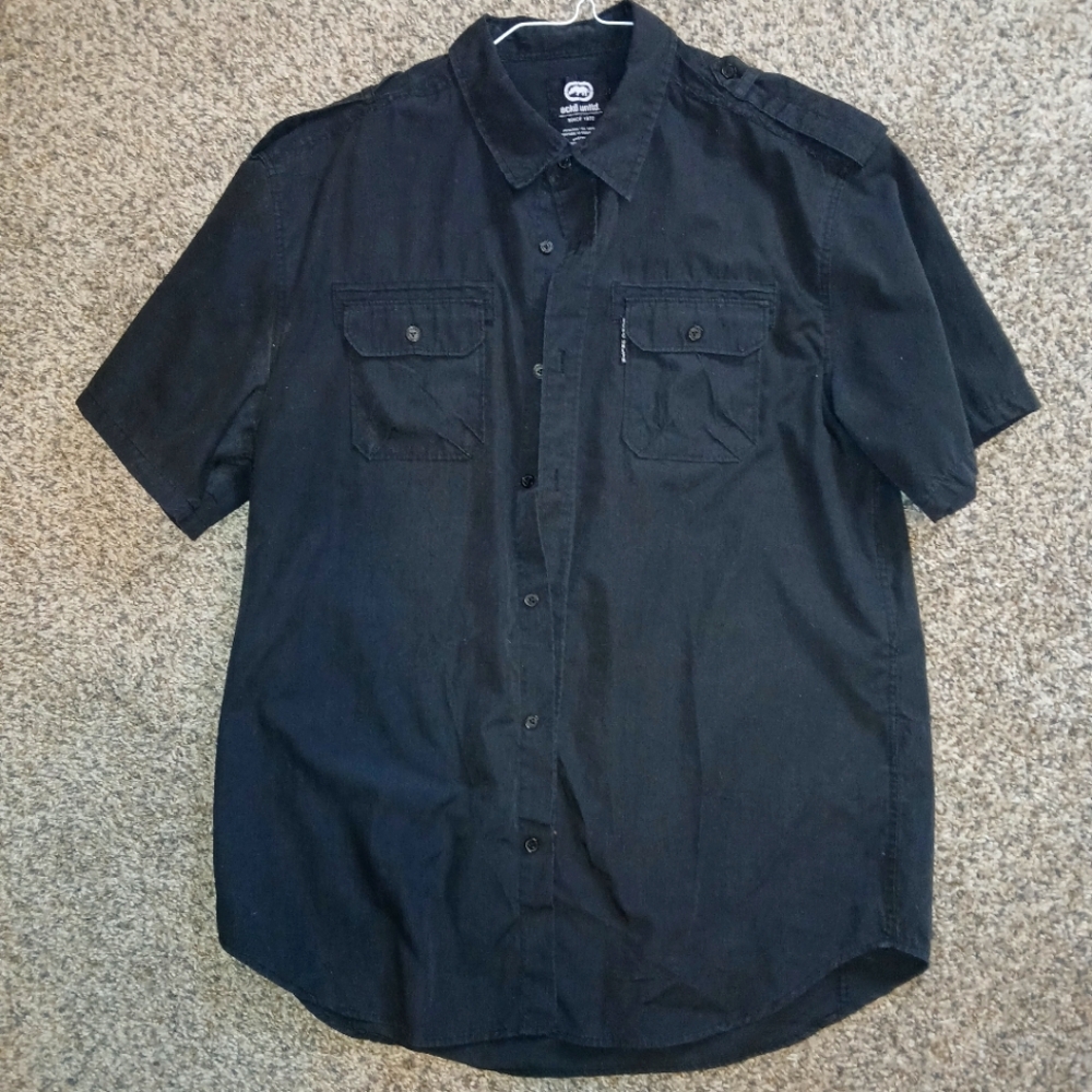 Ecko Unltd Men's Large Black Short Sleeve Button Down Utility Pockets Urban